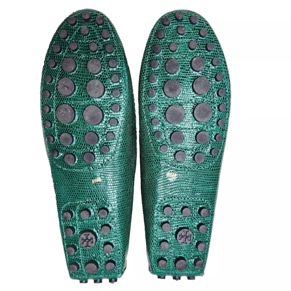 TORY BURCH Green Snakeskin Driving Mocs Loafers Sz 8.5 Leather Driver Flats - Picture 10 of 13